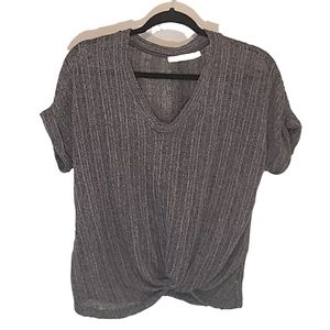 Lush Grey Open Knit Knotted Bottom Short Sleeve